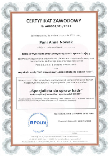 Certyfikat zawodowy - Specjalista ds kadr - kod 242307 - Strona 1