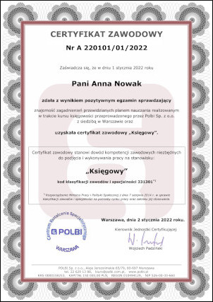 Certyfikat zawodowy. Księgowy – kod zawodu 331301. Wzór dokumentu. Strona nr 1. Polbi – Warszawa.
